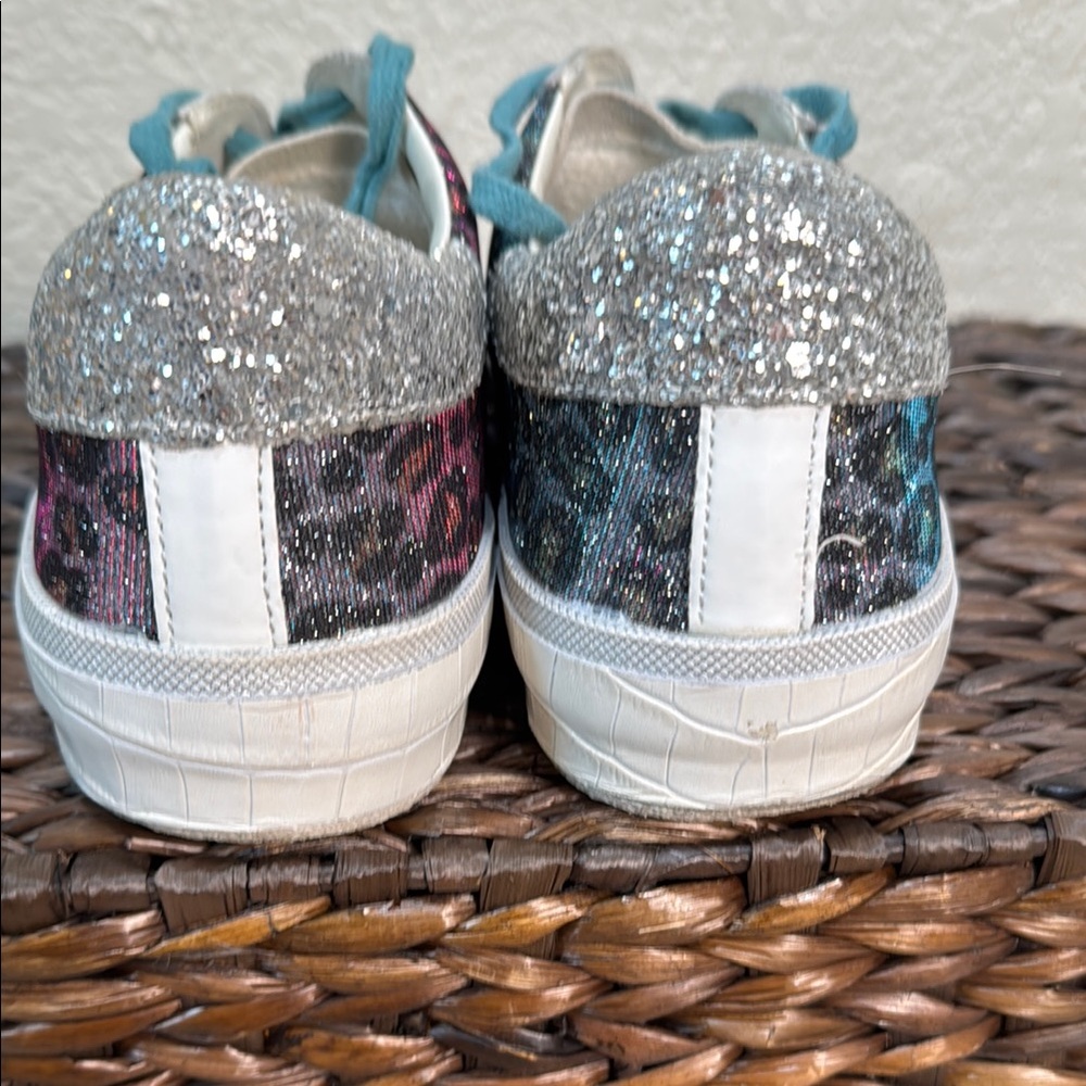 Dolce Vita Women White Sneakers with Glitter‎ Leopard Print Teal Laces Size 10 - Picture 4 of 7
